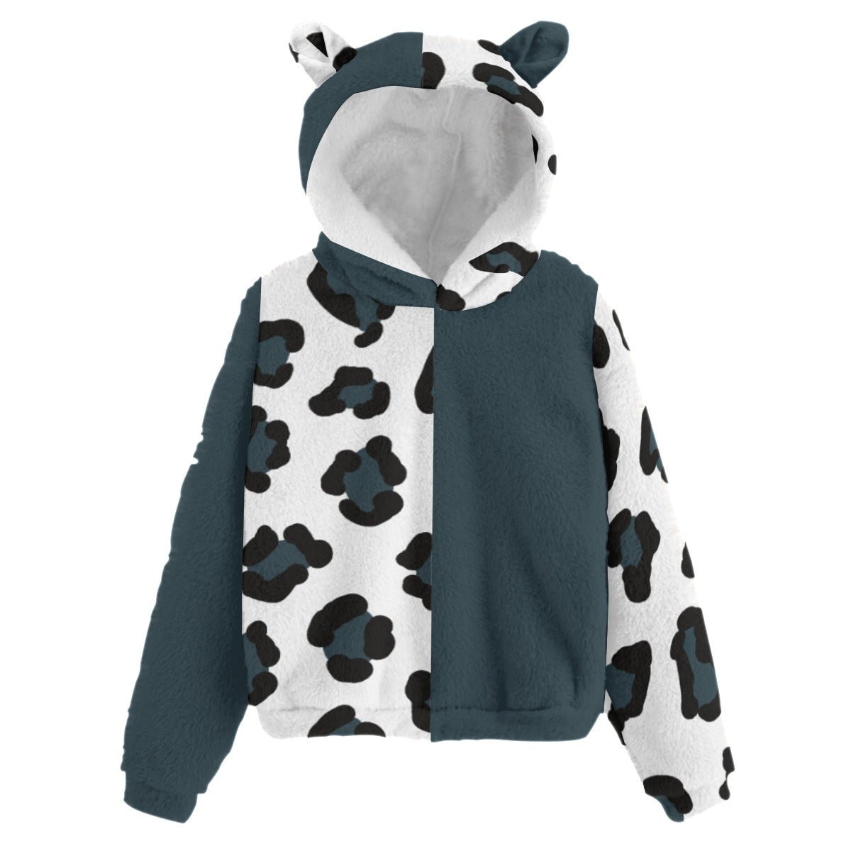 All-Over Print Kid’s Borg Fleece Sweatshirt With Ear Blue Leopard (Designed by Dunbi) - DunbiBeauty, LLC