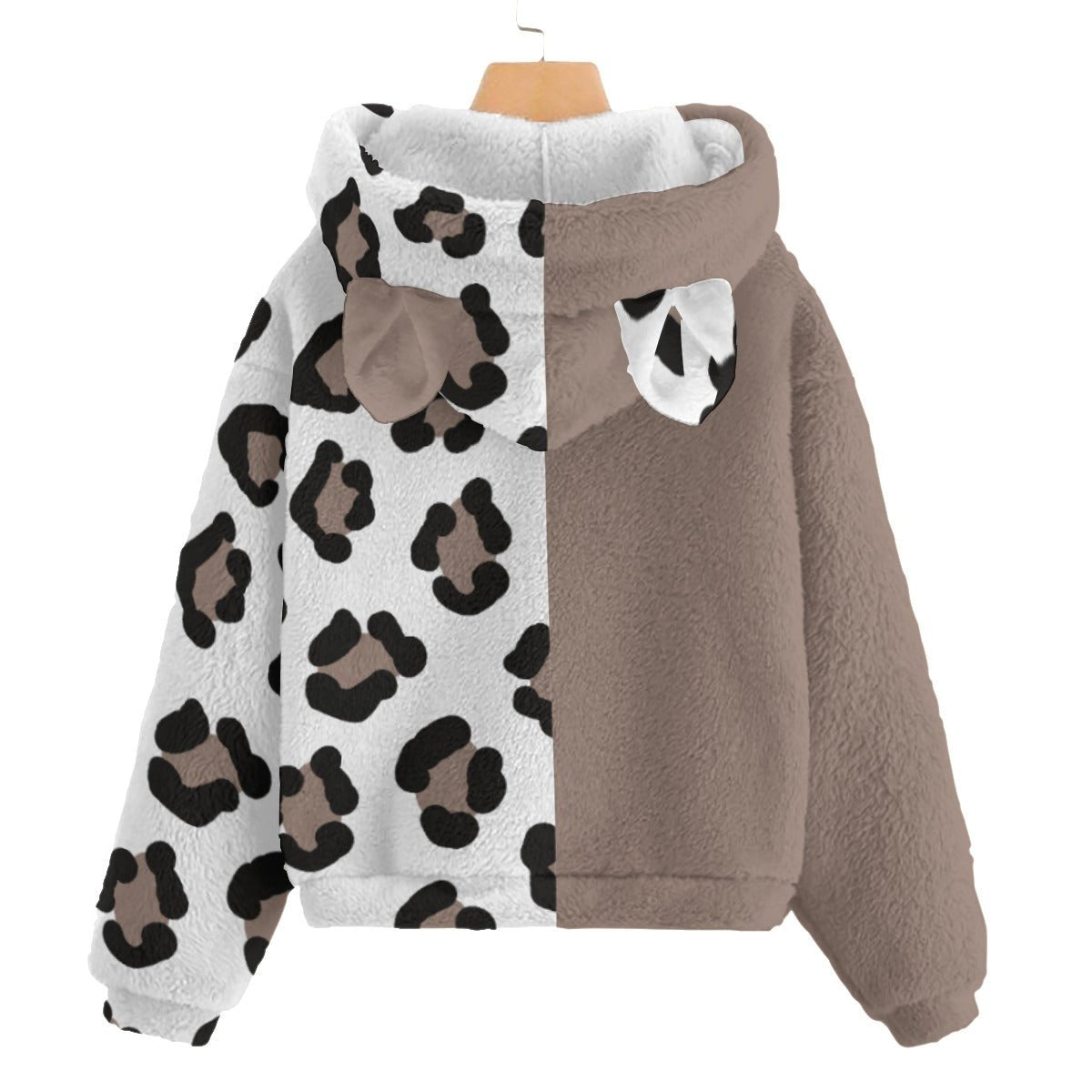 All-Over Print Kid’s Borg Fleece Sweatshirt With Ear Dusty Pink Leopard (Designed by Dunbi) - DunbiBeauty, LLC