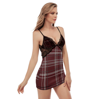 All-Over Print Women's Back Straps Cami Dress With Lace Red Plaid (Designed by Dunbi) - DunbiBeauty, LLC