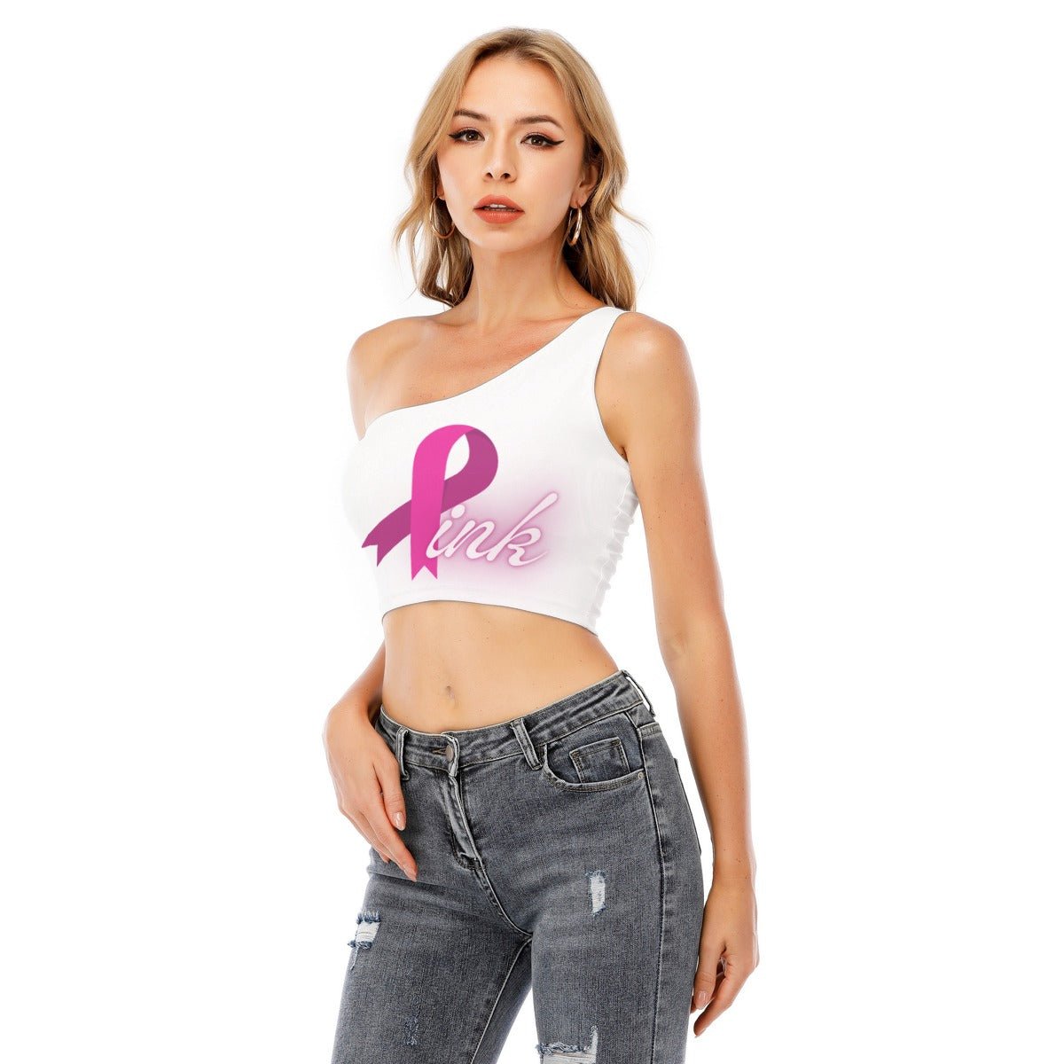 All-Over Print Women's One-Shoulder Cropped Top White and Pink Breast Cancer Awareness (Designed by Dunbi) Goes Well with Hot Pink Leggings - DunbiBeauty, LLC