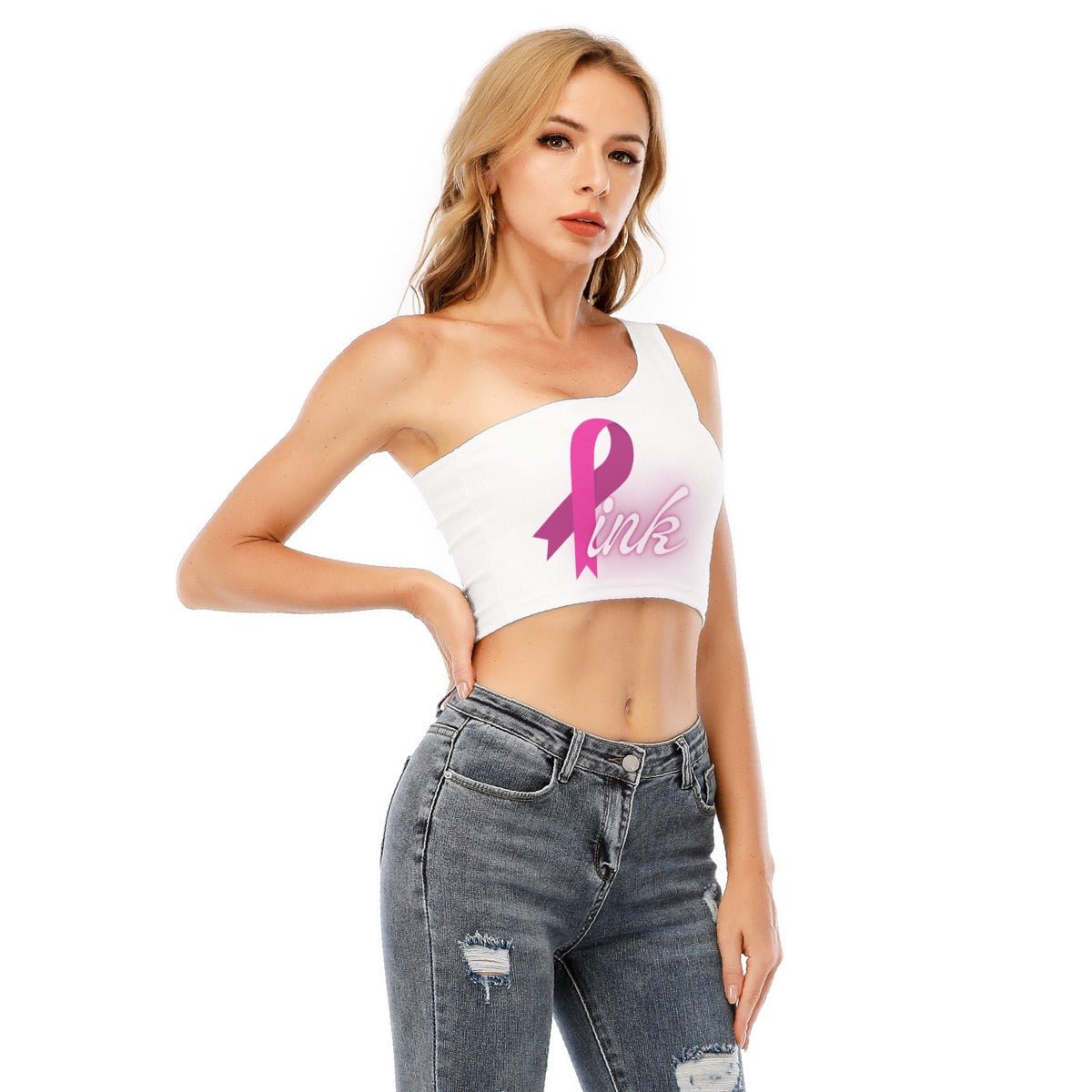 All-Over Print Women's One-Shoulder Cropped Top White and Pink Breast Cancer Awareness (Designed by Dunbi) Goes Well with Hot Pink Leggings - DunbiBeauty, LLC