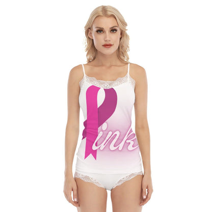 All-Over Print Women's Pajama Sets With Lace Edge Pink Breast Cancer Awareness (Designed by Dunbi) - DunbiBeauty, LLC