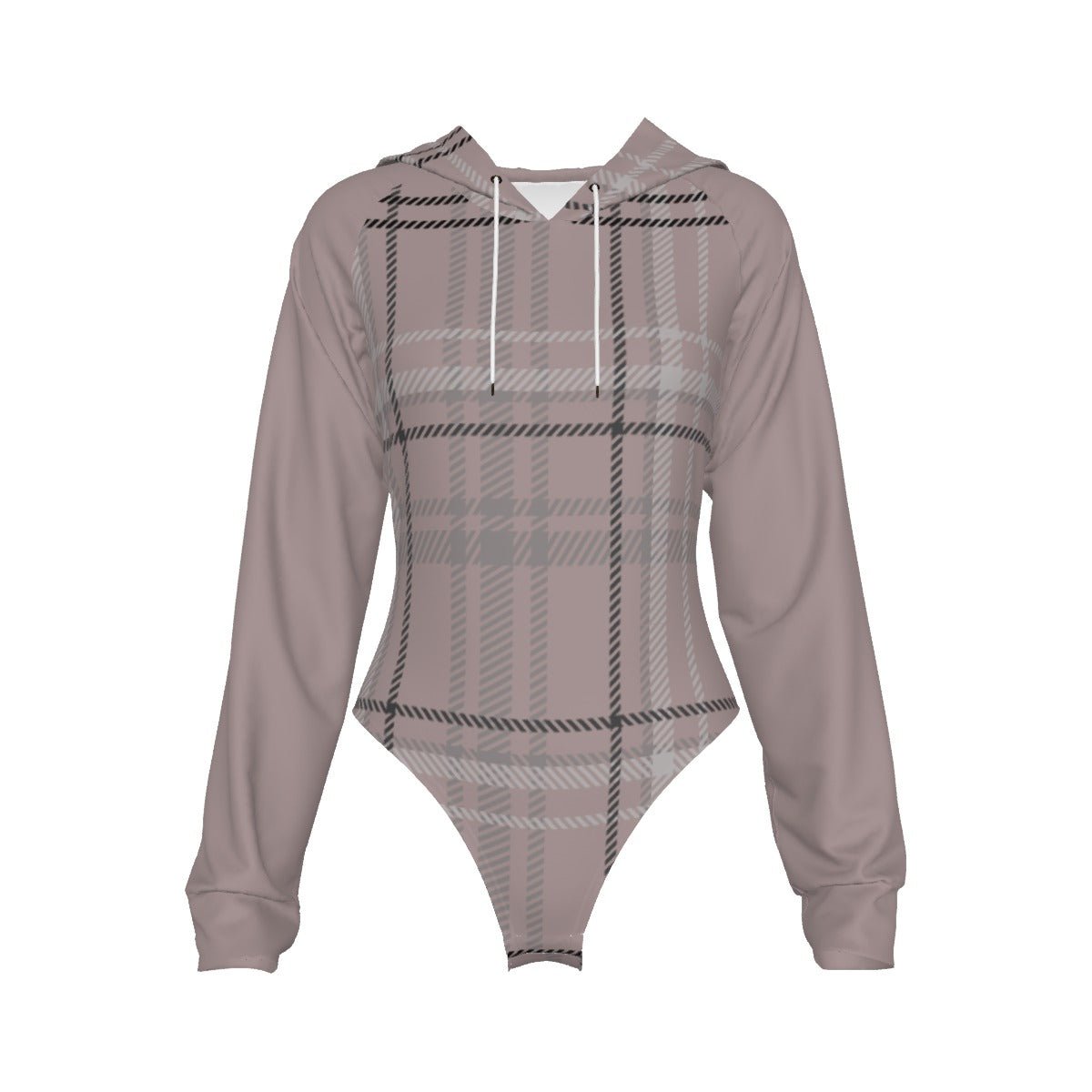 All-Over Print Women's Raglan Sleeve Hooded Bodysuit Antique Rose Plaid (Designed by Dunbi) - DunbiBeauty, LLC