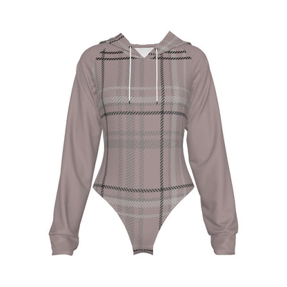 All-Over Print Women's Raglan Sleeve Hooded Bodysuit Antique Rose Plaid (Designed by Dunbi) - DunbiBeauty, LLC