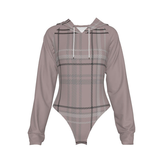 All-Over Print Women's Raglan Sleeve Hooded Bodysuit Antique Rose Plaid (Designed by Dunbi) - DunbiBeauty, LLC