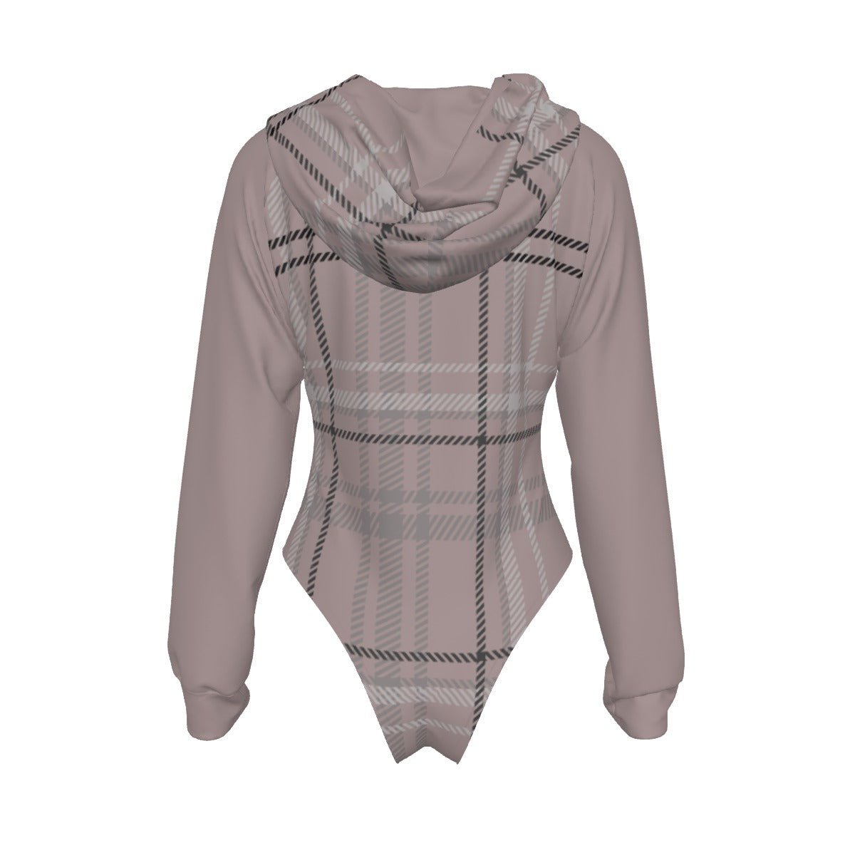 All-Over Print Women's Raglan Sleeve Hooded Bodysuit Antique Rose Plaid (Designed by Dunbi) - DunbiBeauty, LLC