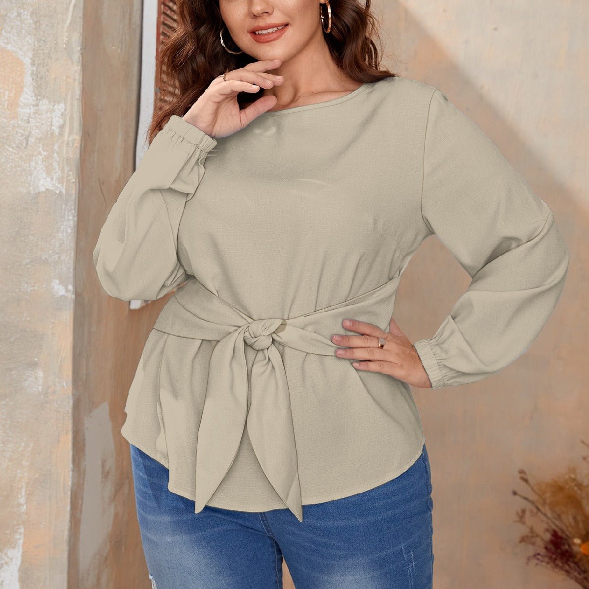 All-Over Print Women's Round Neck Blouse With Waist Knot (Plus Size) (Designed by Dunbi) - DunbiBeauty, LLC