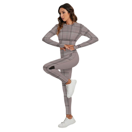 All-Over Print Women's Sport Set With Backless Top And Leggings Antique Rose Plaid (Designed by Dunbi) - DunbiBeauty, LLC