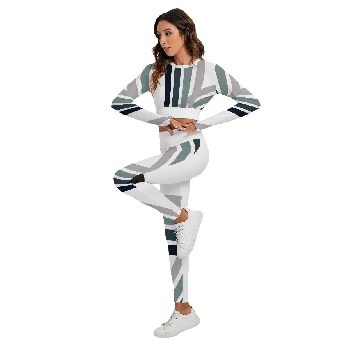 All-Over Print Women's Sport Set With Backless Top And Leggings Blue Scale Lines (Designed by Dunbi) - DunbiBeauty, LLC