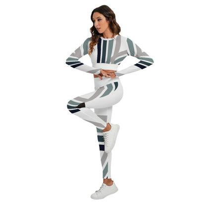 All-Over Print Women's Sport Set With Backless Top And Leggings Blue Scale Lines (Designed by Dunbi) - DunbiBeauty, LLC