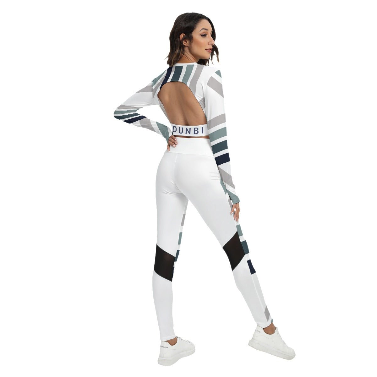 All-Over Print Women's Sport Set With Backless Top And Leggings Blue Scale Lines (Designed by Dunbi) - DunbiBeauty, LLC