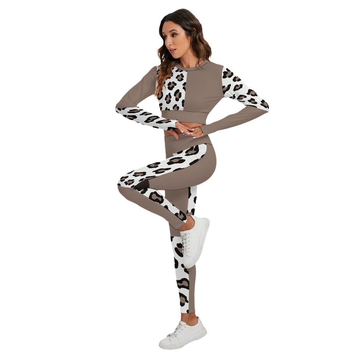 All-Over Print Women's Sport Set With Backless Top And Leggings Dusty Pink Leopard (Designed by Dunbi) - DunbiBeauty, LLC