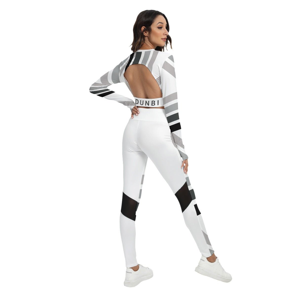 All-Over Print Women's Sport Set With Backless Top And Leggings Gray Scale Lines (Designed by Dunbi) - DunbiBeauty, LLC