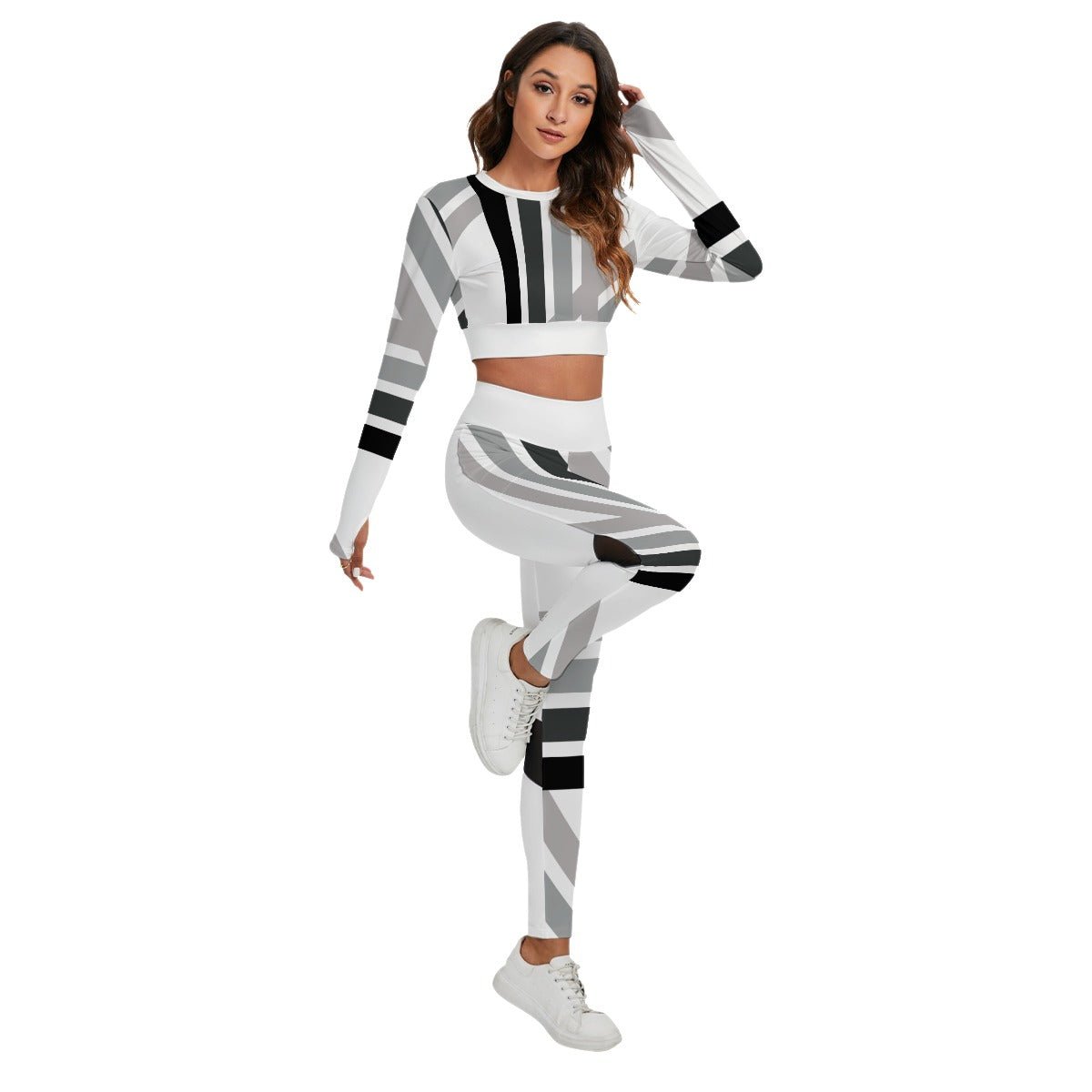 All-Over Print Women's Sport Set With Backless Top And Leggings Gray Scale Lines (Designed by Dunbi) - DunbiBeauty, LLC