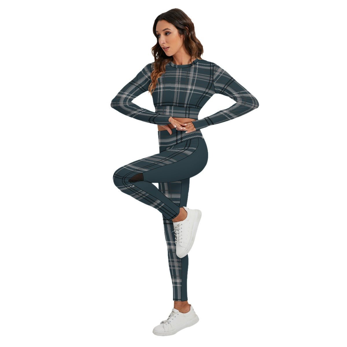 All-Over Print Women's Sport Set With Backless Top And Leggings Grayish Blue Plaid (Designed by Dunbi) - DunbiBeauty, LLC