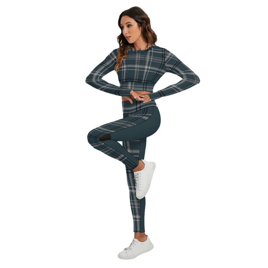 All-Over Print Women's Sport Set With Backless Top And Leggings Grayish Blue Plaid (Designed by Dunbi) - DunbiBeauty, LLC