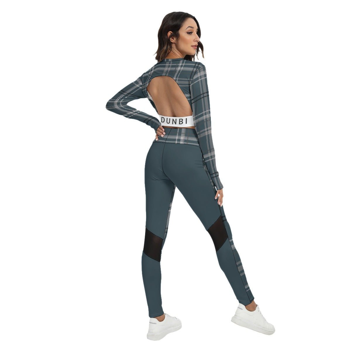 All-Over Print Women's Sport Set With Backless Top And Leggings Grayish Blue Plaid (Designed by Dunbi) - DunbiBeauty, LLC