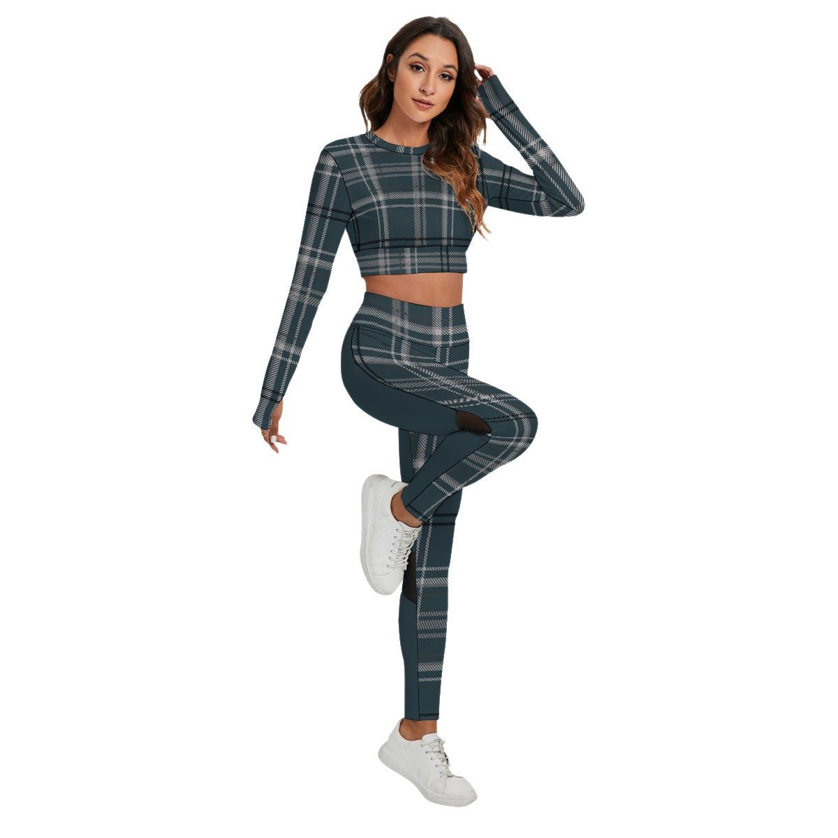 All-Over Print Women's Sport Set With Backless Top And Leggings Grayish Blue Plaid (Designed by Dunbi) - DunbiBeauty, LLC