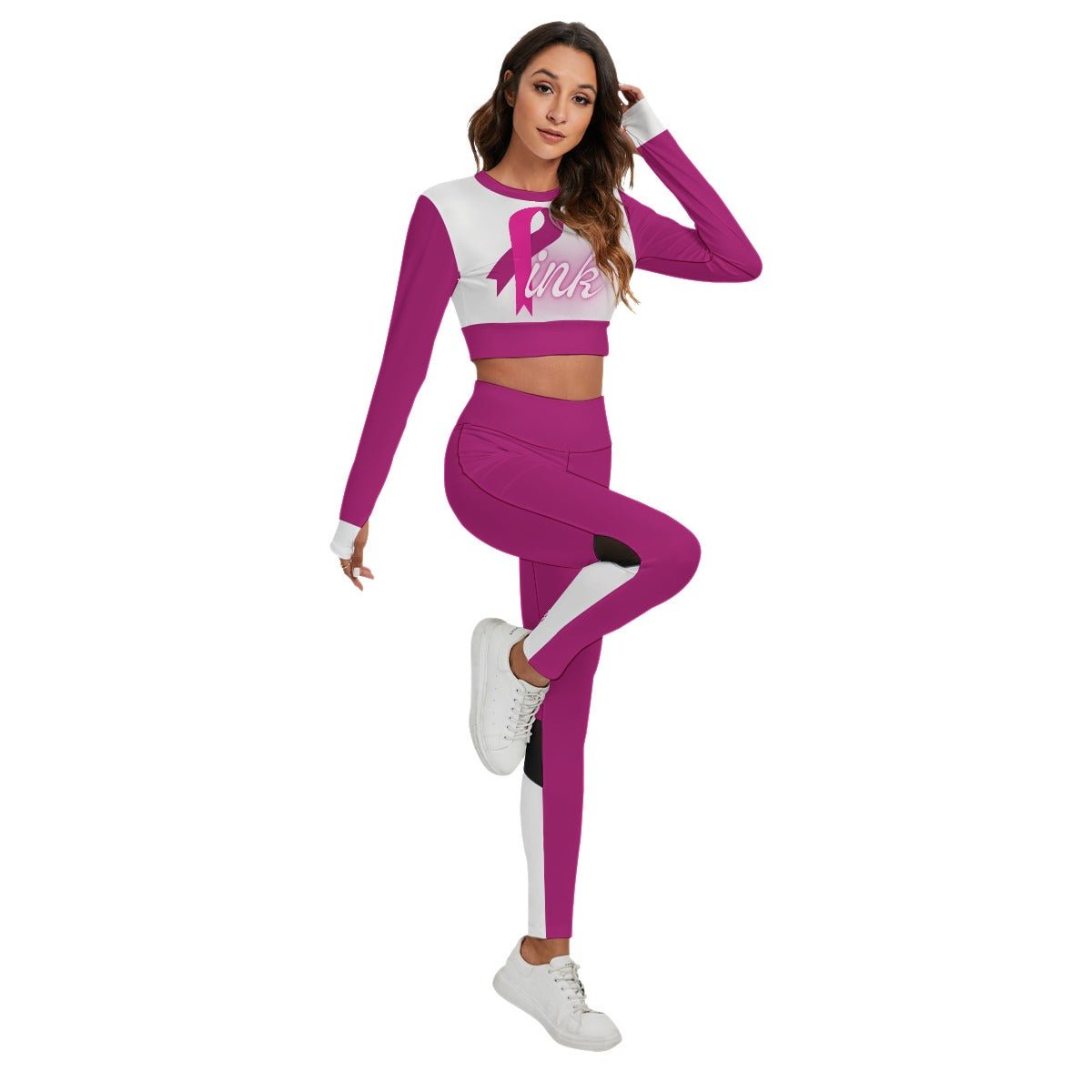 All-Over Print Women's Sport Set With Backless Top And Leggings Hot Pink Breast Cancer Awareness (Designed by Dunbi) - DunbiBeauty, LLC