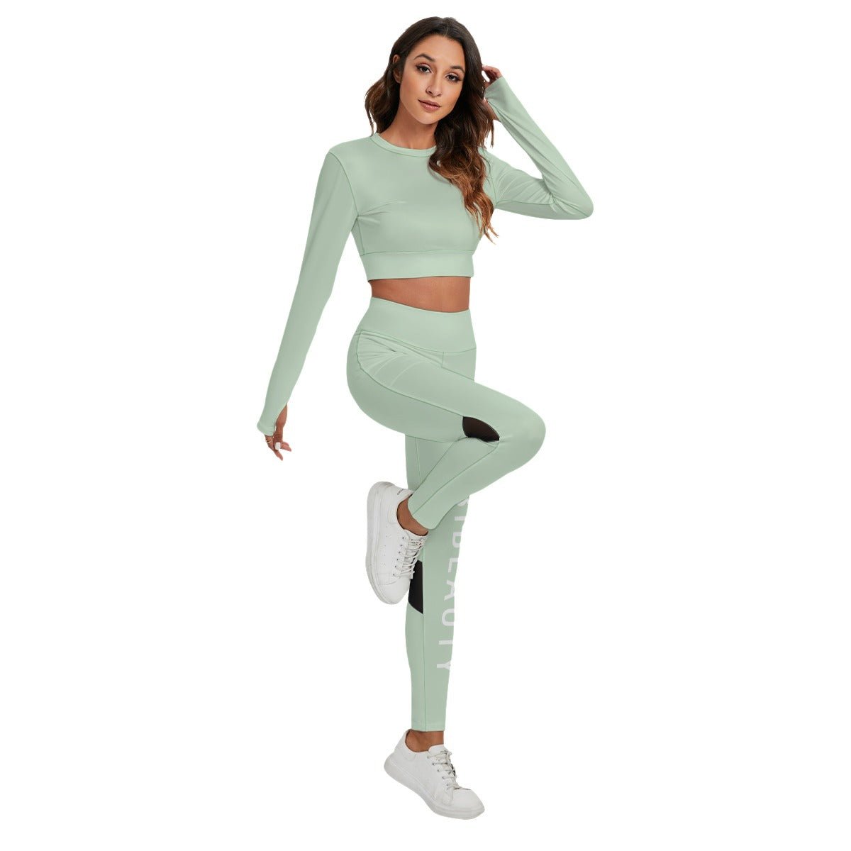 All-Over Print Women's Sport Set With Backless Top And Leggings Mint (Designed by Dunbi) - DunbiBeauty, LLC