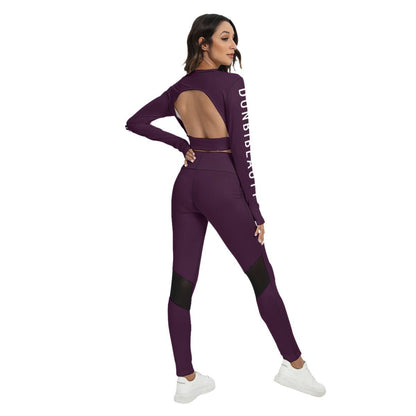 All-Over Print Women's Sport Set With Backless Top And Leggings Plum (Designed by Dunbi) - DunbiBeauty, LLC