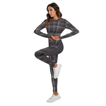 All-Over Print Women's Sport Set With Backless Top And Leggings Purplish Gray Plaid (Designed by Dunbi) - DunbiBeauty, LLC