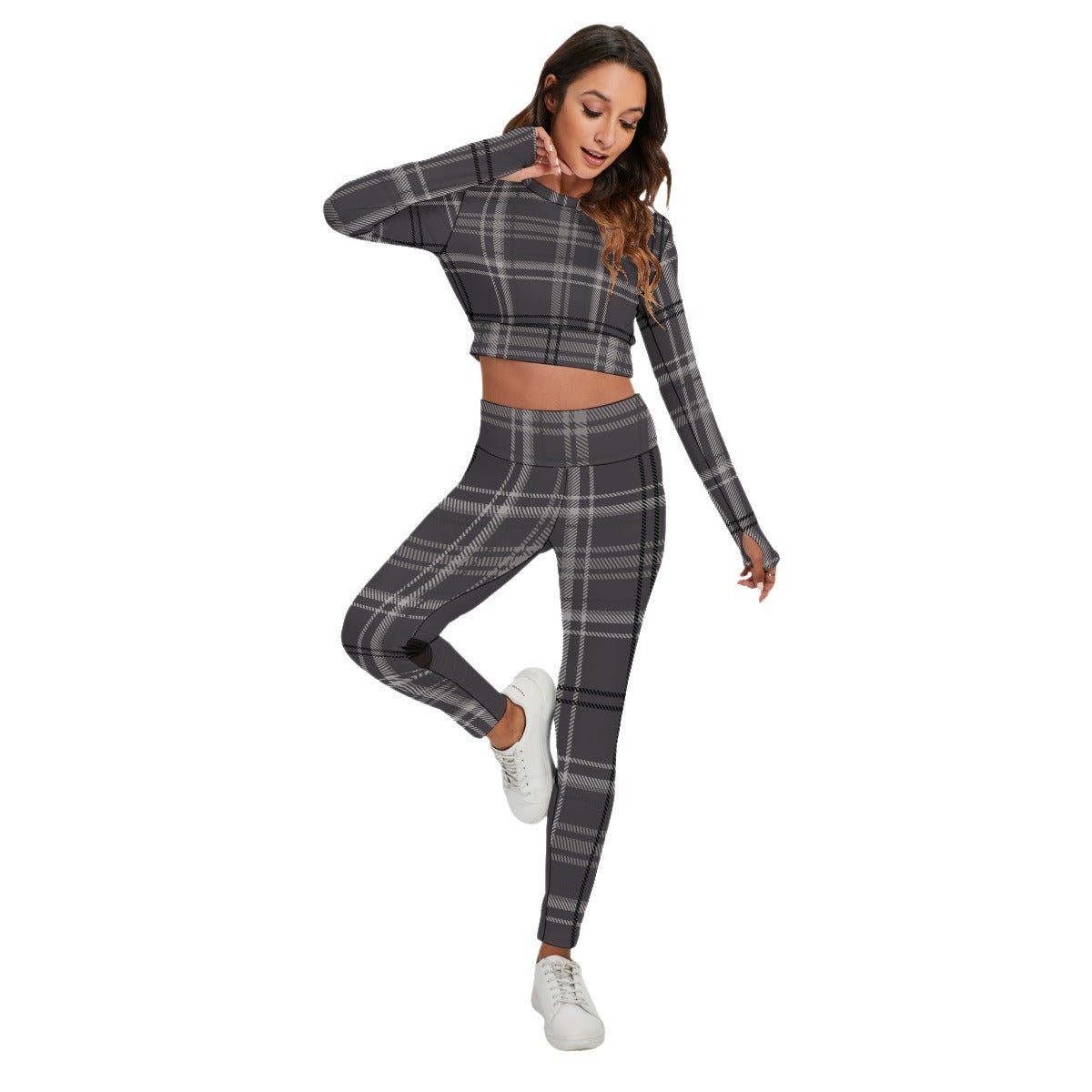 All-Over Print Women's Sport Set With Backless Top And Leggings Purplish Gray Plaid (Designed by Dunbi) - DunbiBeauty, LLC