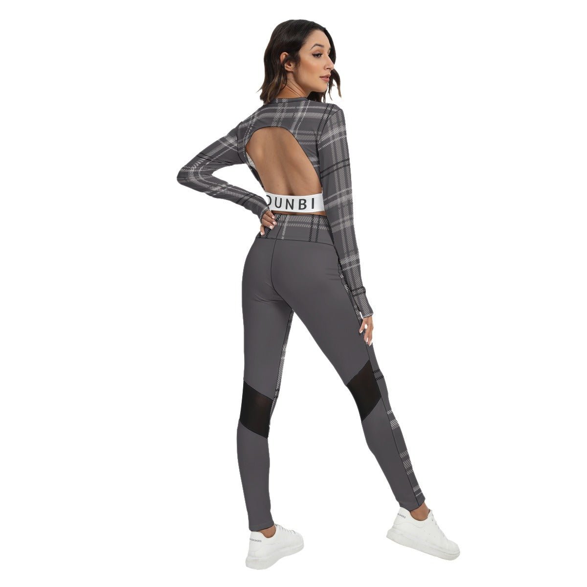 All-Over Print Women's Sport Set With Backless Top And Leggings Purplish Gray Plaid (Designed by Dunbi) - DunbiBeauty, LLC