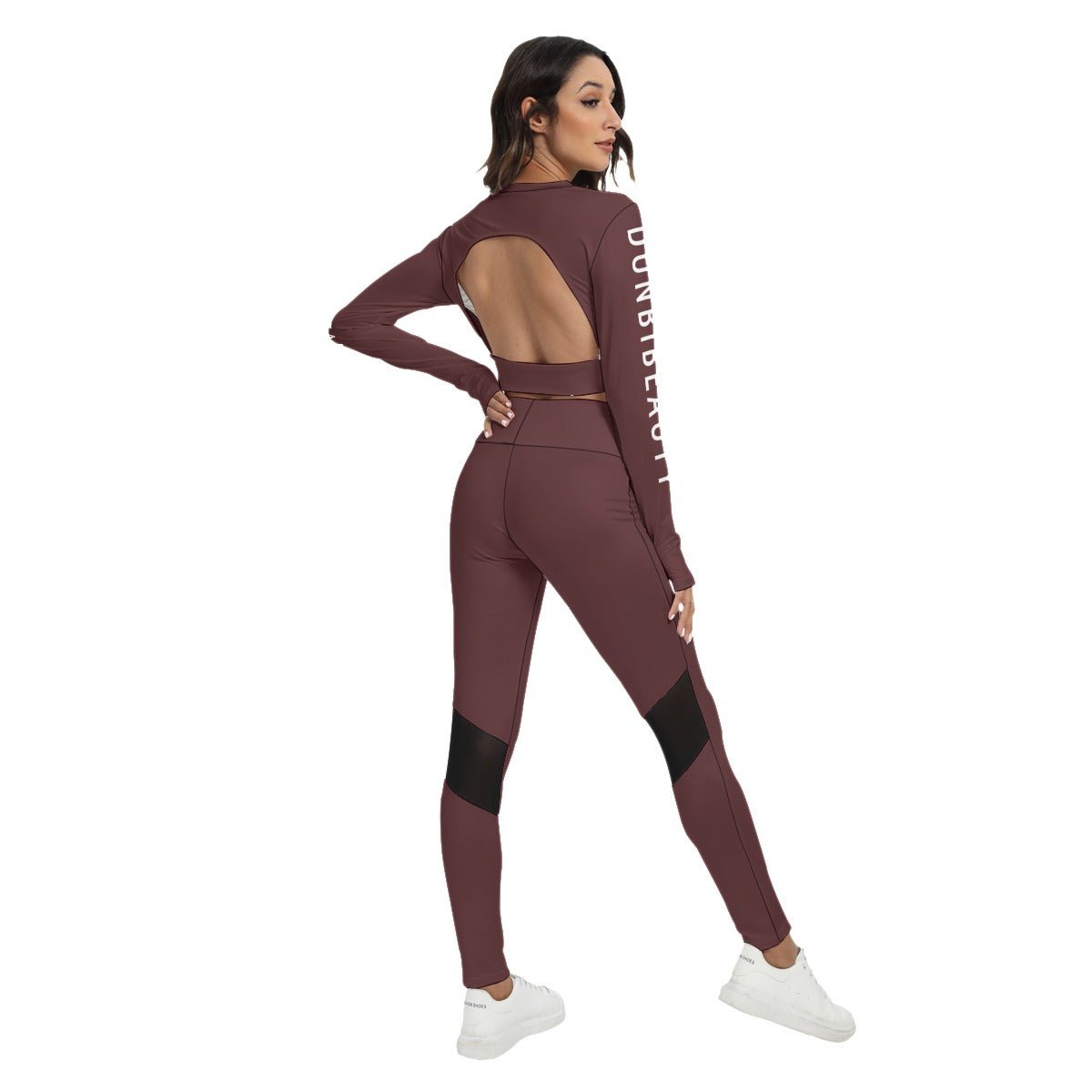 All-Over Print Women's Sport Set With Backless Top And Leggings Rustic Wine (Designed by Dunbi) - DunbiBeauty, LLC