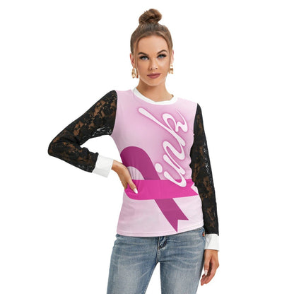 All-Over Print Women's T-shirt And Sleeve With Black Lace Pink Breast Cancer Awareness (Designed by Dunbi) - DunbiBeauty, LLC