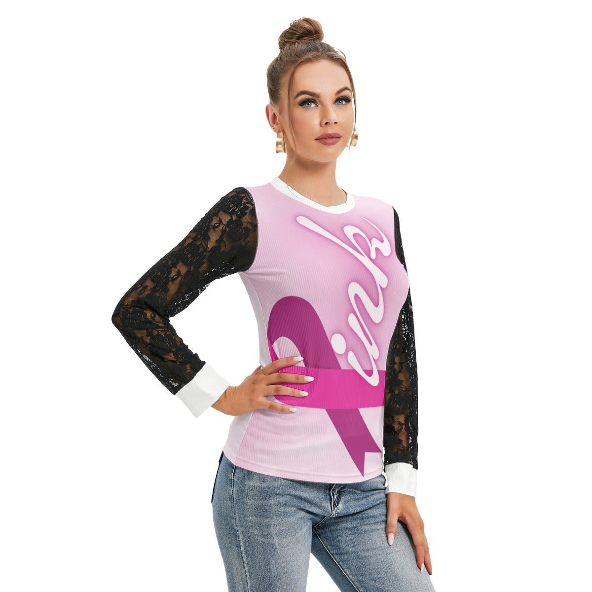 All-Over Print Women's T-shirt And Sleeve With Black Lace Pink Breast Cancer Awareness (Designed by Dunbi) - DunbiBeauty, LLC