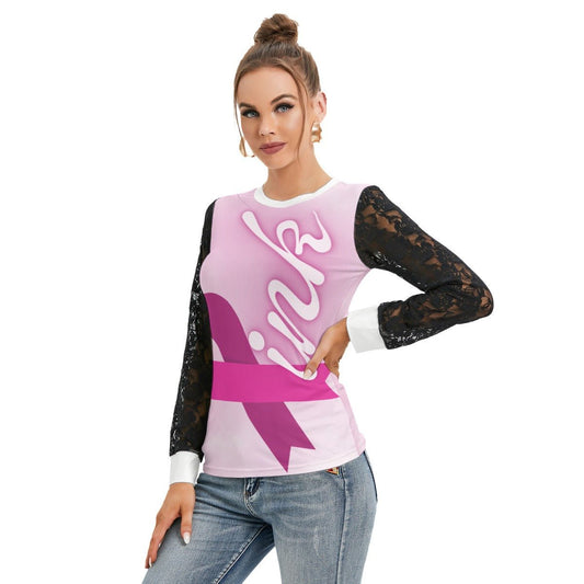 All-Over Print Women's T-shirt And Sleeve With Black Lace Pink Breast Cancer Awareness (Designed by Dunbi) - DunbiBeauty, LLC