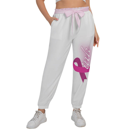 All-Over Print Women’s Trousers With Waist Belt (Plus Size) Pink Breast Cancer Awareness (Designed by Dunbi) - DunbiBeauty, LLC