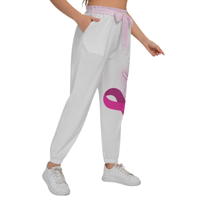 All-Over Print Women’s Trousers With Waist Belt (Plus Size) Pink Breast Cancer Awareness (Designed by Dunbi) - DunbiBeauty, LLC