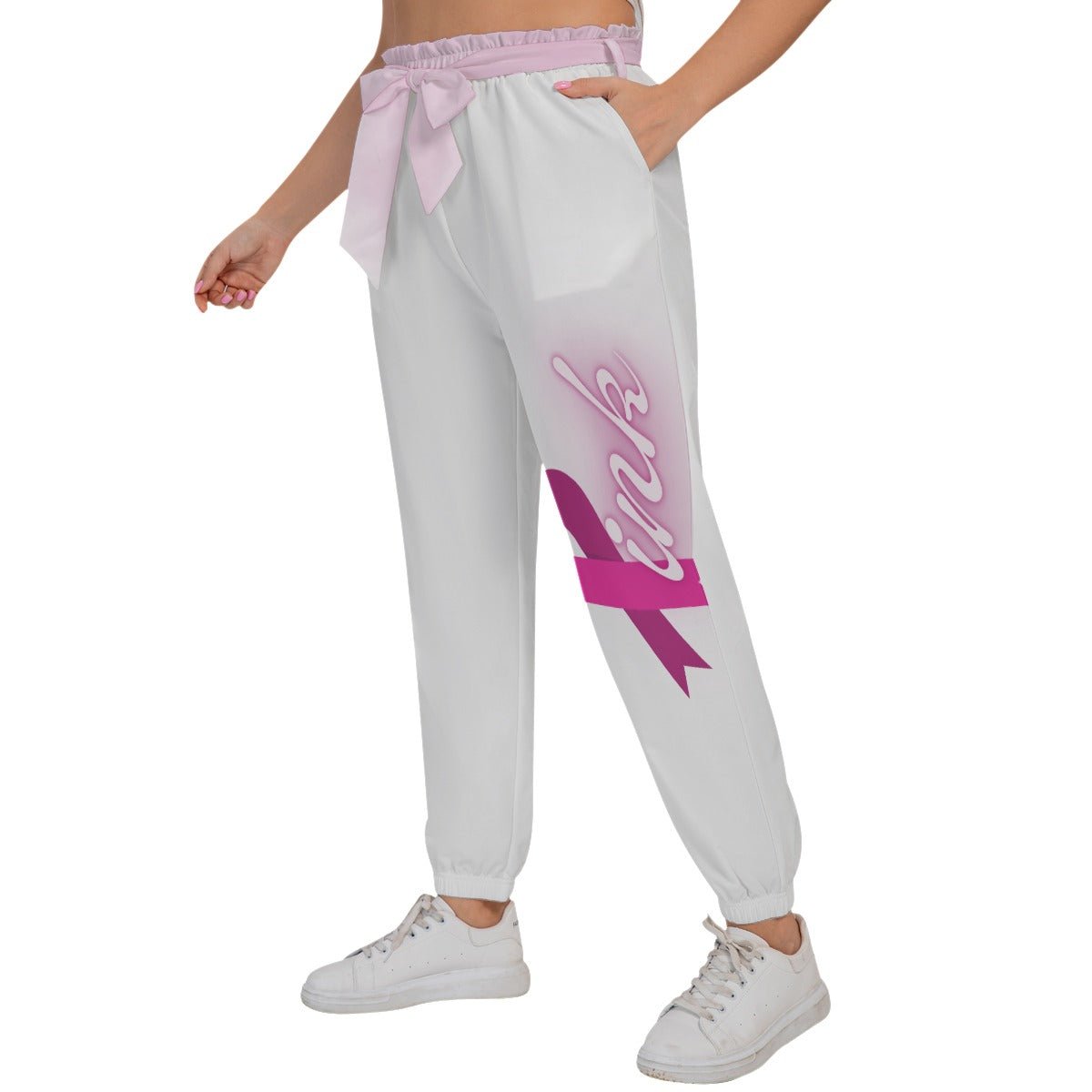 All-Over Print Women’s Trousers With Waist Belt (Plus Size) Pink Breast Cancer Awareness (Designed by Dunbi) - DunbiBeauty, LLC