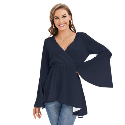 All-Over Print Women's V-neck Blouse With Flared Sleeves (Designed by Dunbi) - DunbiBeauty, LLC