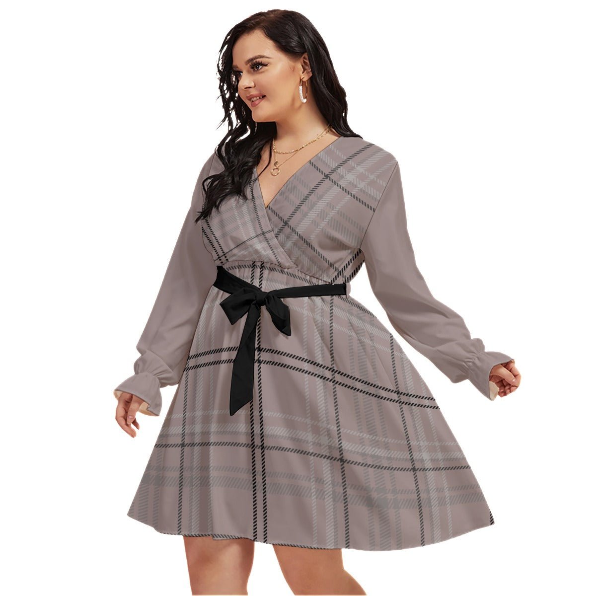 All-Over Print Women's V-neck Dress With Waistband (Plus Size) Antique Rose Plaid (Designed by Dunbi) - DunbiBeauty, LLC