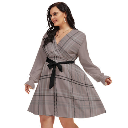 All-Over Print Women's V-neck Dress With Waistband (Plus Size) Antique Rose Plaid (Designed by Dunbi) - DunbiBeauty, LLC