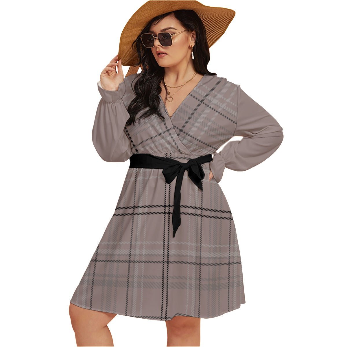 All-Over Print Women's V-neck Dress With Waistband (Plus Size) Antique Rose Plaid (Designed by Dunbi) - DunbiBeauty, LLC