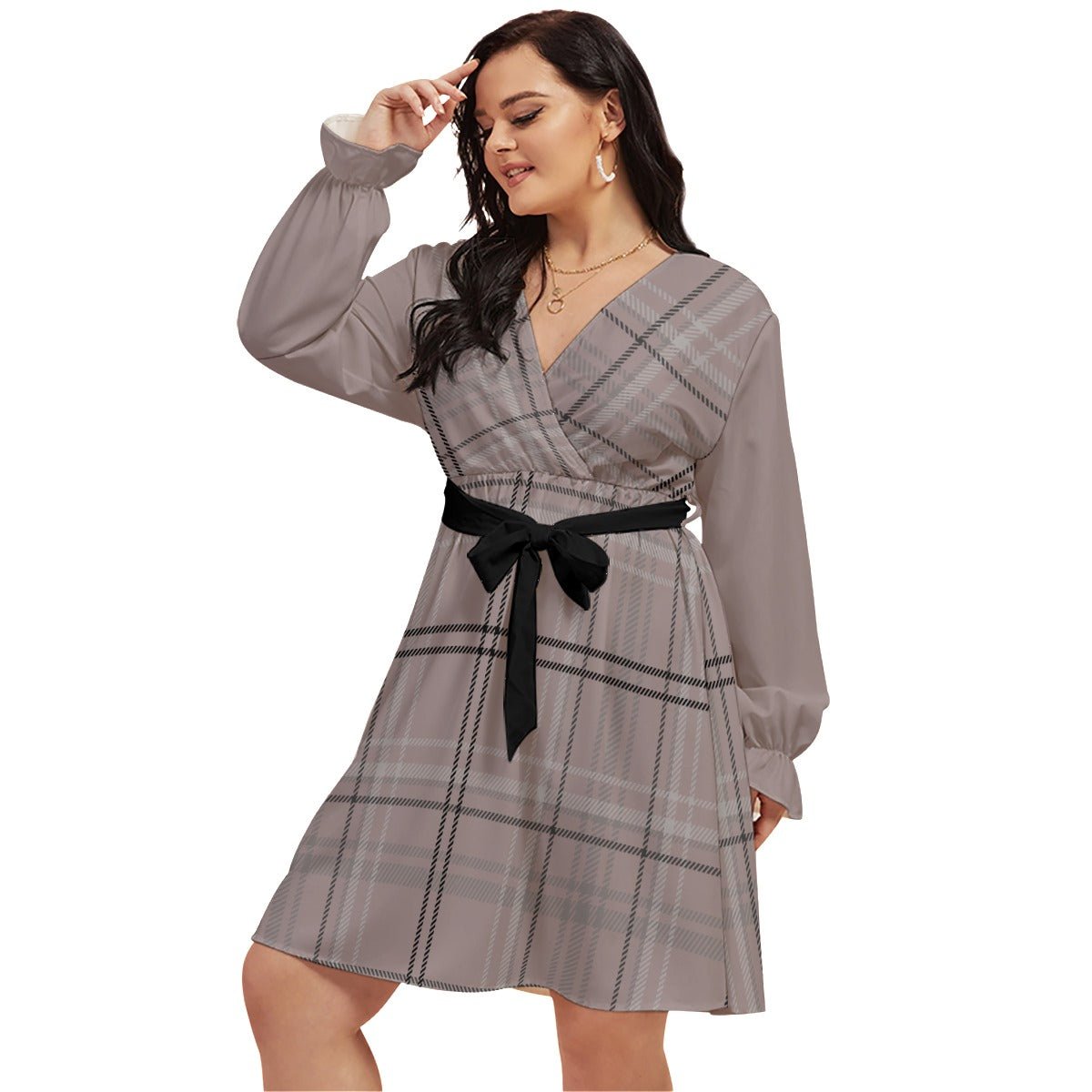 All-Over Print Women's V-neck Dress With Waistband (Plus Size) Antique Rose Plaid (Designed by Dunbi) - DunbiBeauty, LLC