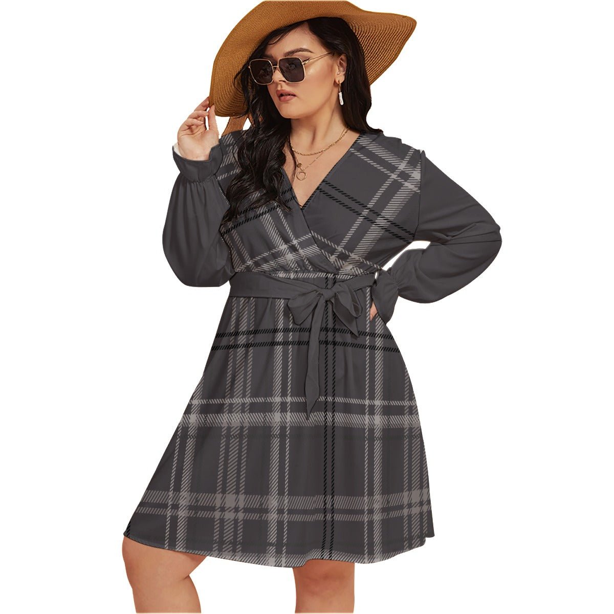 All-Over Print Women's V-neck Dress With Waistband (Plus Size) Purplish Gray Plaid (Designed by Dunbi) - DunbiBeauty, LLC