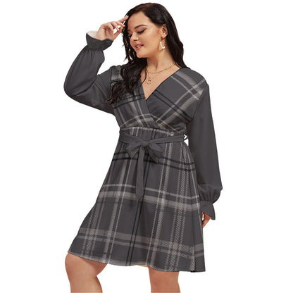 All-Over Print Women's V-neck Dress With Waistband (Plus Size) Purplish Gray Plaid (Designed by Dunbi) - DunbiBeauty, LLC