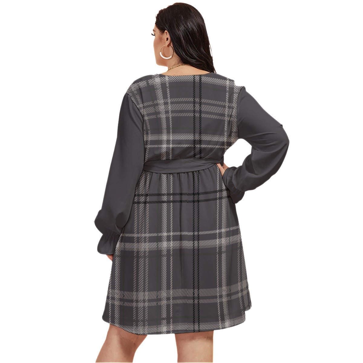 All-Over Print Women's V-neck Dress With Waistband (Plus Size) Purplish Gray Plaid (Designed by Dunbi) - DunbiBeauty, LLC