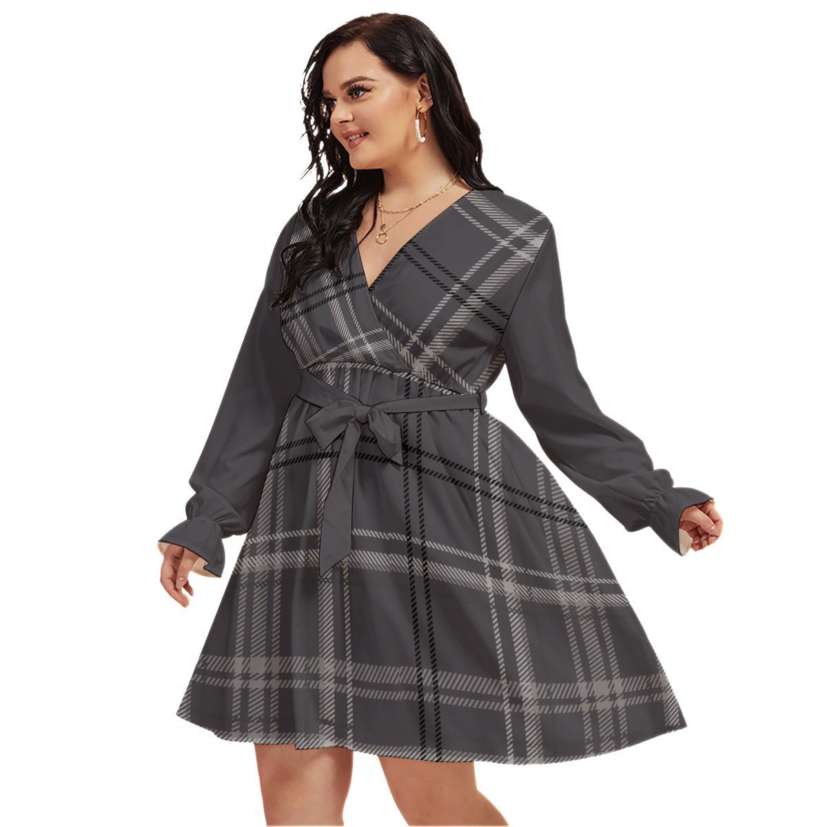 All-Over Print Women's V-neck Dress With Waistband (Plus Size) Purplish Gray Plaid (Designed by Dunbi) - DunbiBeauty, LLC