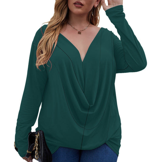 All-Over Print Women's V-neck Plus Draped Longline T-shirt With Long Sleeve (Plus Size) (Designed by Dunbi) - DunbiBeauty, LLC