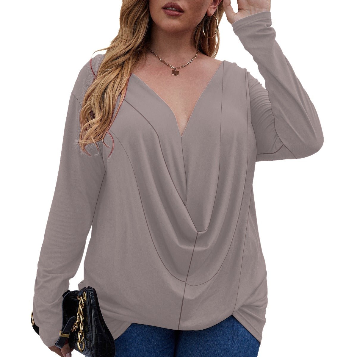 All-Over Print Women's V-neck Plus Draped Longline T-shirt With Long Sleeve (Plus Size) (Designed by Dunbi) - DunbiBeauty, LLC