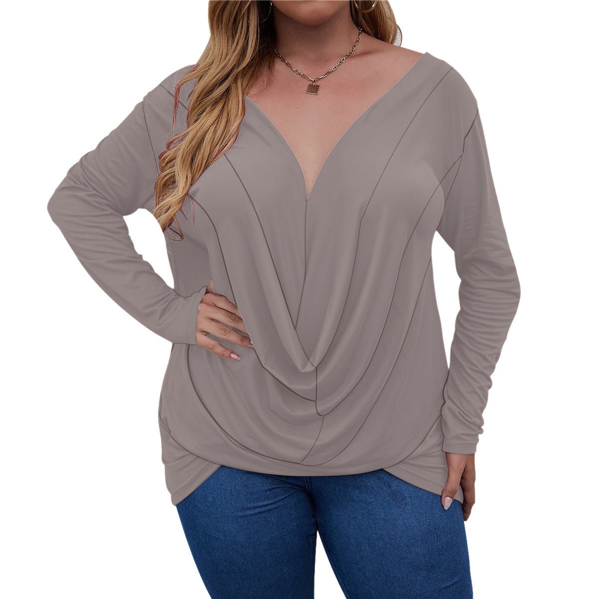 All-Over Print Women's V-neck Plus Draped Longline T-shirt With Long Sleeve (Plus Size) (Designed by Dunbi) - DunbiBeauty, LLC