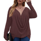 All-Over Print Women's V-neck Plus Draped Longline T-shirt With Long Sleeve (Plus Size) (Designed by Dunbi) - DunbiBeauty, LLC