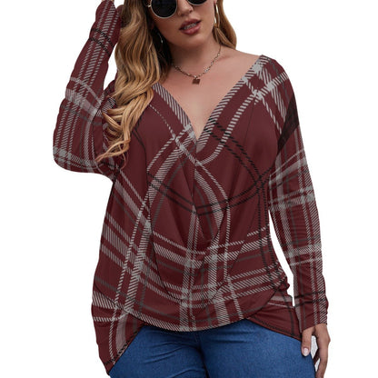 All-Over Print Women's V-neck Plus Draped Longline T-shirt With Long Sleeve (Plus Size) (Designed by Dunbi) - DunbiBeauty, LLC