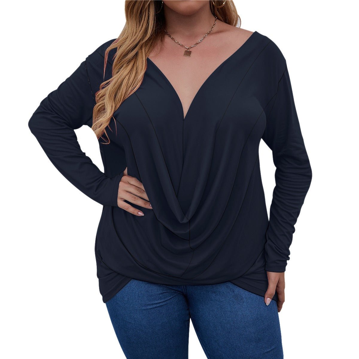 All-Over Print Women's V-neck Plus Draped Longline T-shirt With Long Sleeve (Plus Size) (Designed by Dunbi) - DunbiBeauty, LLC